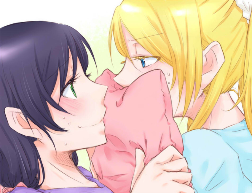 ayase_eli blonde_hair blue_eyes blush covering_mouth embarrassed fuji_tsugu green_eyes long_hair looking_at_another love_live! love_live!_school_idol_project multiple_girls pillow ponytail purple_hair smile sweatdrop toujou_nozomi twintails yuri
