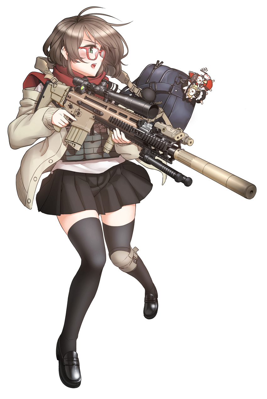 absurdres assault_rifle bad_perspective bag bipod black_footwear brown_hair bulletproof_vest canted_sights cardigan fn_scar fn_scar_17 foregrip glasses green_eyes gun hakurei_reimu highres kirisame_marisa knee_pads laser_sight magazine_(weapon) open_mouth original plate_carrier pleated_skirt reflex_sight rifle scarf school_bag school_uniform scope shino_(r_shughart) shoes short_hair simple_background skirt sling solo suppressor thighhighs touhou trigger_discipline trinkets vertical_foregrip weapon white_background zettai_ryouiki