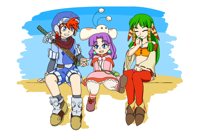 2girls feena_(grandia) grandia grandia_i green_hair hair_ornament hair_tubes hat highres jewelry justin_(grandia) long_hair low-tied_long_hair multiple_girls purple_hair puui_(grandia) sue_(grandia) thighhighs