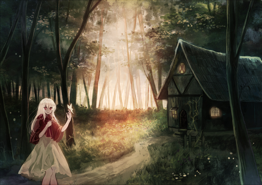 albino butterfly_on_hand elysion forest house lafrenze long_hair looking_at_viewer md5_mismatch miyakure nature path red_eyes road shirt silver_hair skirt smile solo sound_horizon white_hair