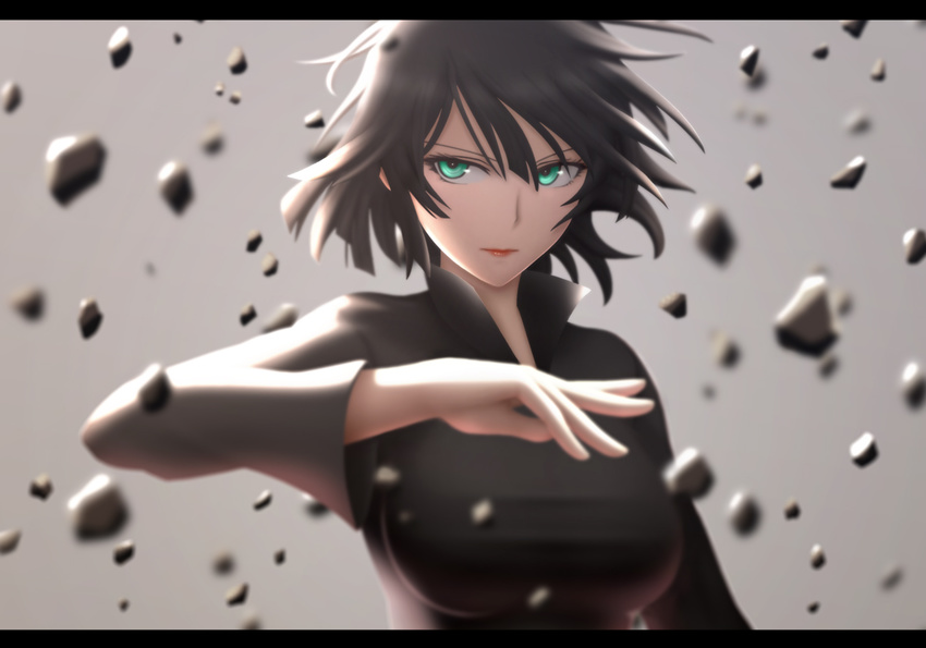 arm_up black_dress black_hair breasts dress fubuki_(one-punch_man) green_eyes large_breasts looking_at_viewer one-punch_man rubble short_hair siraha solo