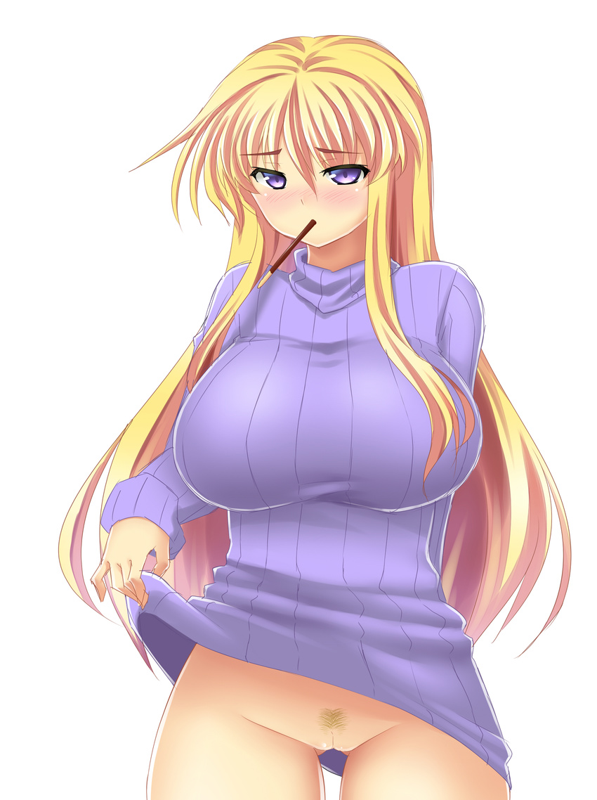 absurdres alternate_costume ass_visible_through_thighs blonde_hair blush bottomless breasts clothes_lift cowboy_shot food hair_over_breasts highres large_breasts long_hair long_sleeves looking_at_viewer mokkori9 mouth_hold naked_sweater no_hat no_headwear pocky pocky_day pubic_hair purple_eyes pussy ribbed_sweater sidelocks simple_background solo sweater sweater_lift thighs touhou turtleneck uncensored very_long_hair white_background yakumo_yukari