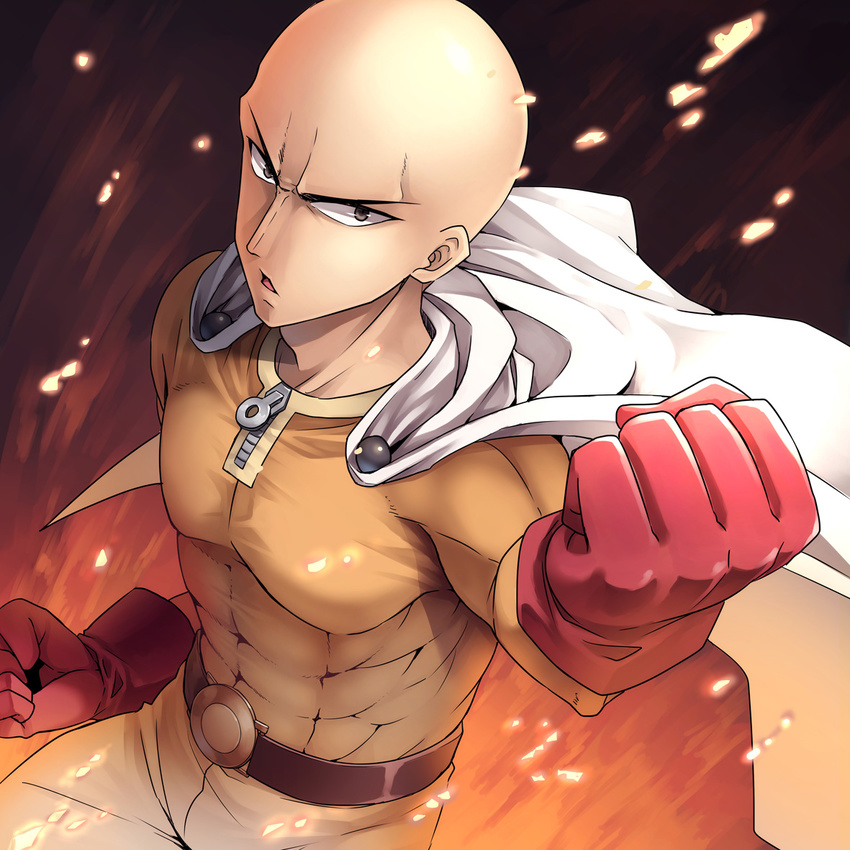 abs bald belt black_eyes cape clenched_hand embers fire foreshortening gloves hoshiyoruno male_focus one-punch_man saitama_(one-punch_man) serious skin_tight solo