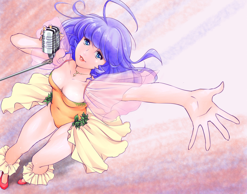 ahoge arm_up armpits blue_eyes blue_hair breasts cleavage creamy_mami from_above jewelry kemi_(kemi433) leotard lips long_hair looking_up mahou_no_tenshi_creamy_mami medium_breasts microphone morisawa_yuu necklace outstretched_arm see-through shoes showgirl_skirt smile solo yellow_leotard
