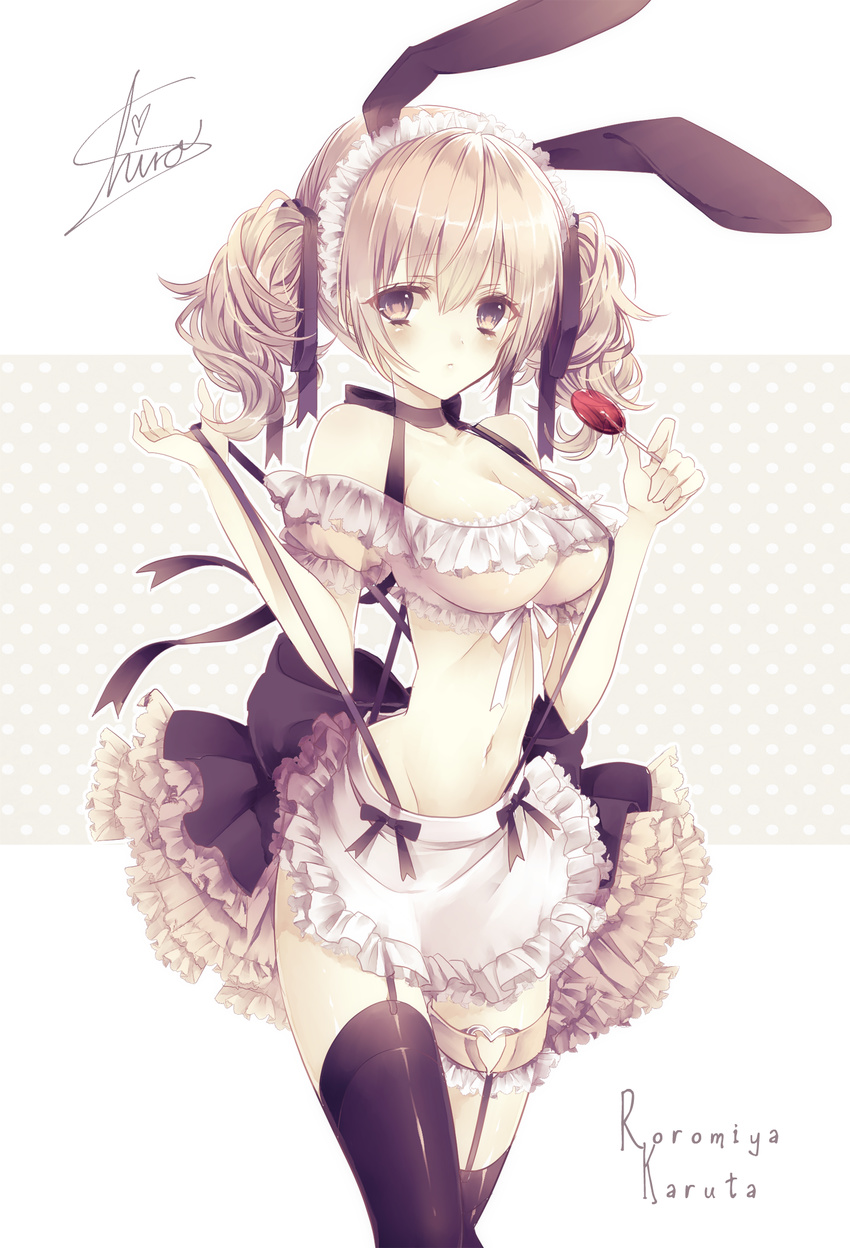 animal_ears apron artist_name bangs bare_shoulders black_legwear black_ribbon blush breasts buckle bunny_ears candy character_name cleavage closed_mouth collarbone eyebrows eyebrows_visible_through_hair fake_animal_ears food frills garter_belt hair_ribbon heart highres holding holding_food inu_x_boku_ss large_breasts lollipop long_hair looking_at_viewer maid_headdress midriff navel pink_eyes pink_hair polka_dot polka_dot_background puffy_short_sleeves puffy_sleeves ribbon roromiya_karuta see-through shiro_(himawari) short_sleeves signature single_over-kneehigh single_thighhigh skirt solo standing strap_gap suspender_skirt suspenders suspenders_pull thigh_strap thighhighs twintails underboob waist_apron white_ribbon