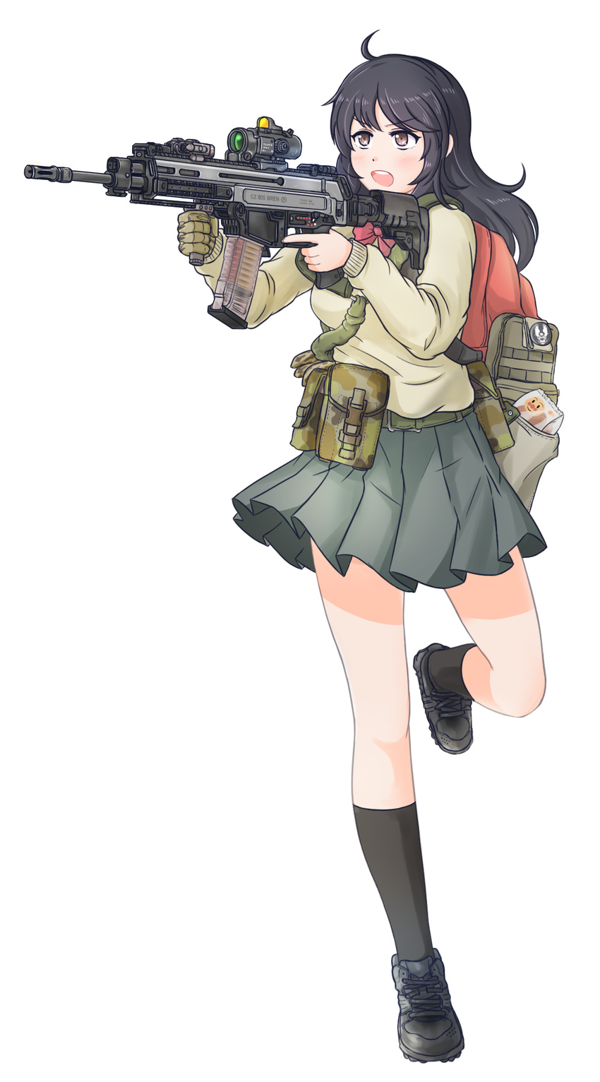 ahoge aiming assault_rifle backpack bag black_hair brown_eyes bullet camouflage camouflage_bag cz-805 elcan_scope foregrip gloves gun highres laser_sight load_bearing_equipment md5_mismatch open_mouth original reflex_sight rifle school_uniform selby simple_background solo trigger_discipline weapon white_background
