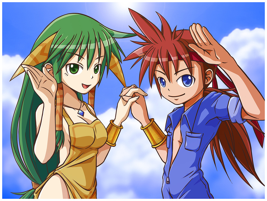 1boy 1girl apron bare_shoulders breasts cleavage feena_(grandia) grandia grandia_i green_hair justin_(grandia) large_breasts long_hair looking_at_viewer md5_mismatch naked_apron open_mouth pixiv_manga_sample smile