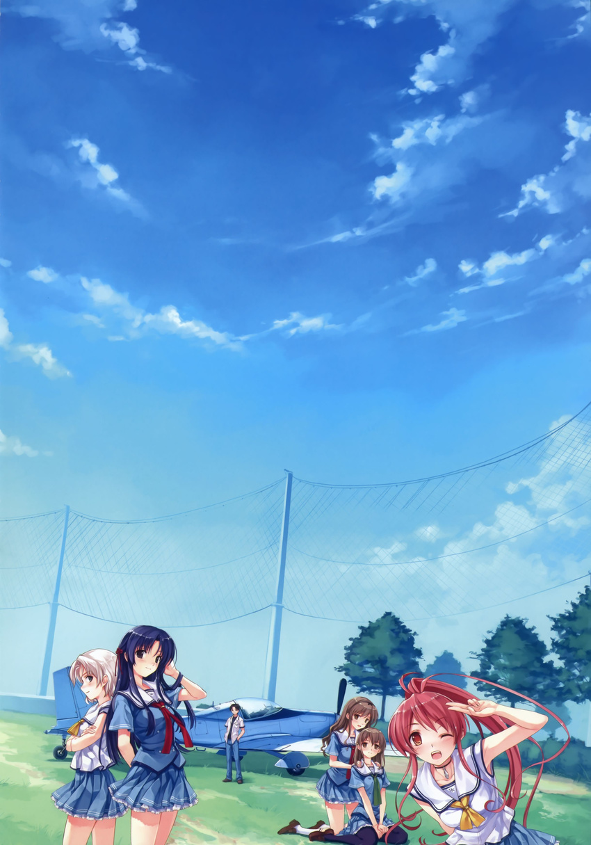 5girls absurdres aircraft airplane black_hair black_legwear blue_skirt brown_hair day hairband hanami_mariya highres hirayama_sorata kneeling koga_sayoko long_hair looking_at_viewer misaki_kurehito miyamae_tomoka multiple_girls nakano_hinata official_art one_eye_closed open_mouth outdoors pantyhose pleated_skirt ponytail red_eyes red_hair school_uniform short_hair silver_hair skirt sky suiheisen_made_nan_mile? tsuyazaki_kokage