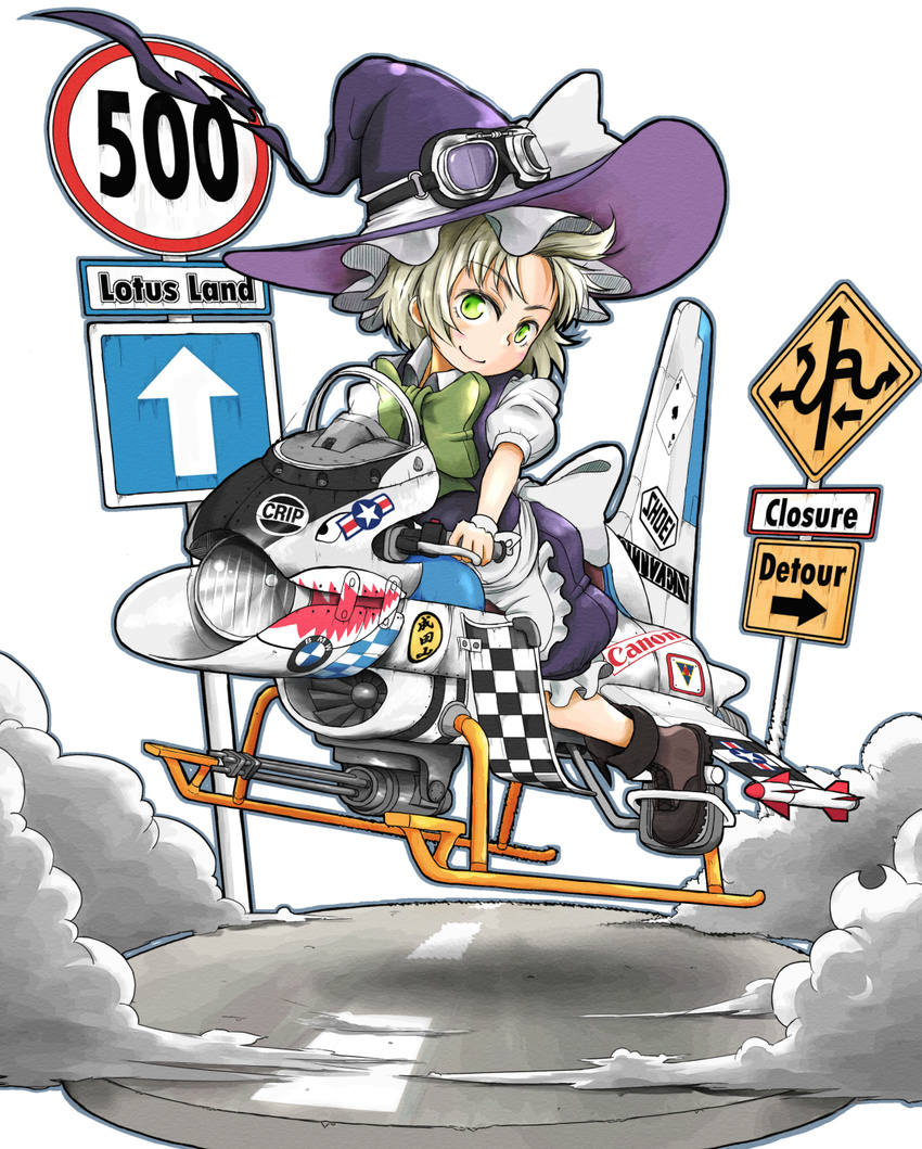 ace_of_spades aircraft airplane alternate_hairstyle bad_id bad_pixiv_id blonde_hair bmw boots bow braid canon_(company) citizen citizen_(company) gatling_gun goggles goggles_on_head green_eyes gun hat hat_bow highres hover_bike kirisame_marisa kitsuneno_denpachi puffy_sleeves road_sign shoei short_hair sign solo touhou us_air_force weapon white_bow witch_hat wrist_cuffs