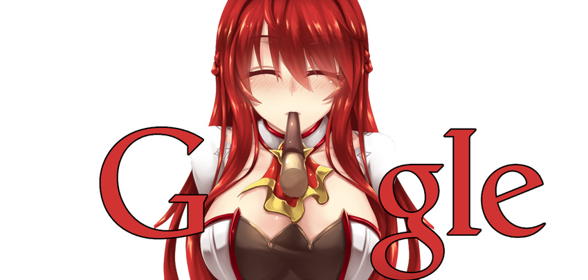 blush breasts cleavage closed_eyes elesis_(elsword) elsword facing_viewer food google google_doodles grand_master_(elsword) large_breasts long_hair pocky red_hair solo text_focus transparent_background