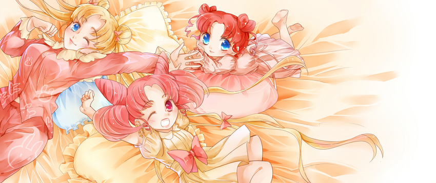 animal_print bishoujo_senshi_sailor_moon blanket blonde_hair blue_eyes bow bunny_print chibi_chibi chibi_usa double_bun dress hair_bow highres lying maingl multiple_girls on_back on_stomach one_eye_closed open_mouth outstretched_arm outstretched_arms pajamas pillow pink_eyes pink_hair ribbon smile tsukino_usagi twintails