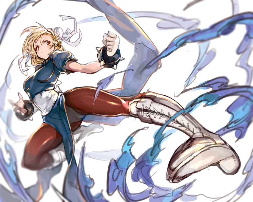 absurdres azuki_(azuki-taste) blonde_hair bun_cover china_dress chinese_clothes chun-li chun-li_(cosplay) cosplay djeeta_(granblue_fantasy) double_bun dress eyeshadow granblue_fantasy highres kicking makeup pantyhose pelvic_curtain short_hair solo street_fighter