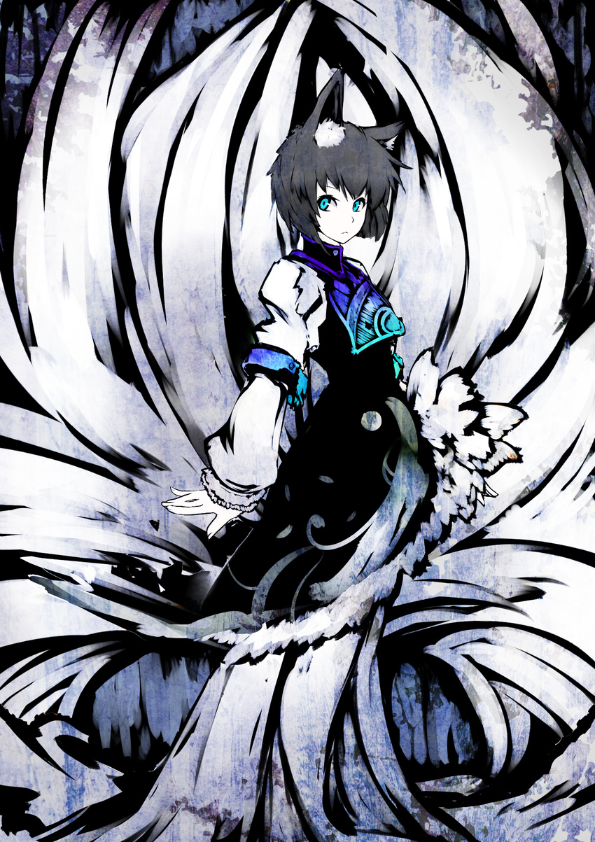 animal_ears aqua_eyes dress expressionless fox_ears fox_tail full_body grey_hair highres kusakanmuri layered_dress long_sleeves looking_at_viewer looking_to_the_side monochrome multiple_tails short_hair short_over_long_sleeves short_sleeves solo spot_color tabard tail touhou yakumo_ran