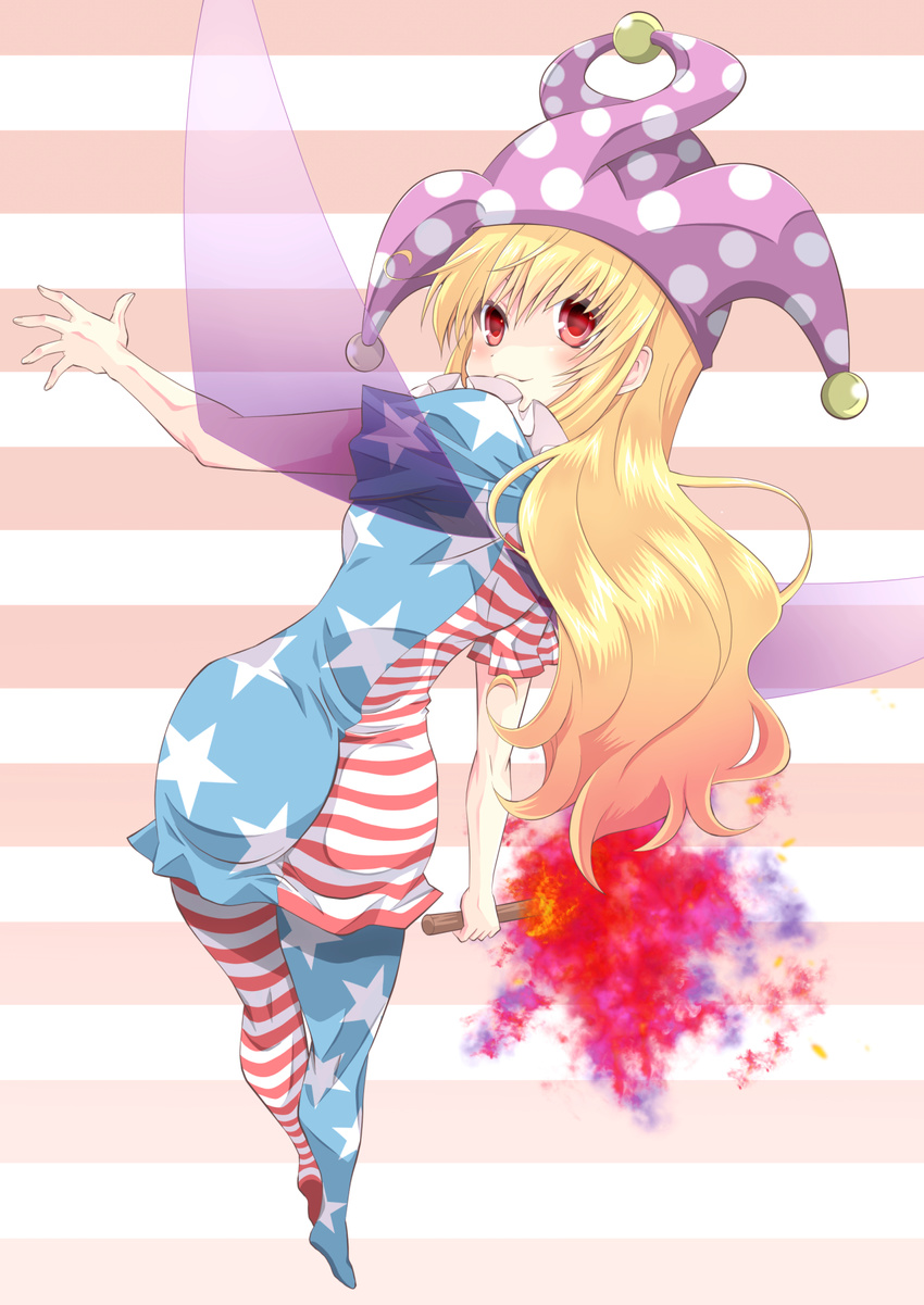 american_flag_dress american_flag_legwear ass bangs blonde_hair blush clownpiece dress fairy_wings full_body hand_up hat highres jester_cap komiru legs long_hair looking_at_viewer looking_back pantyhose pink_background red_eyes shiny shiny_hair short_dress short_sleeves smile solo striped striped_background striped_dress striped_legwear thighs torch touhou white_background wings