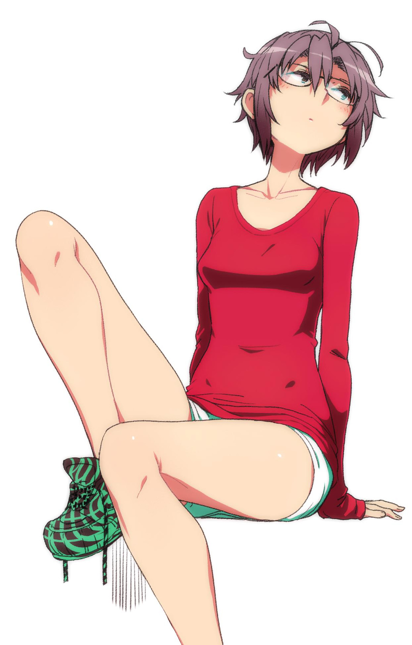 brown_eyes collarbone glasses highres legs long_sleeves looking_to_the_side nagato_yuki nagato_yuki-chan_no_shoushitsu purple_hair puyo short_hair sitting solo suzumiya_haruhi_no_shoushitsu suzumiya_haruhi_no_yuuutsu white_background