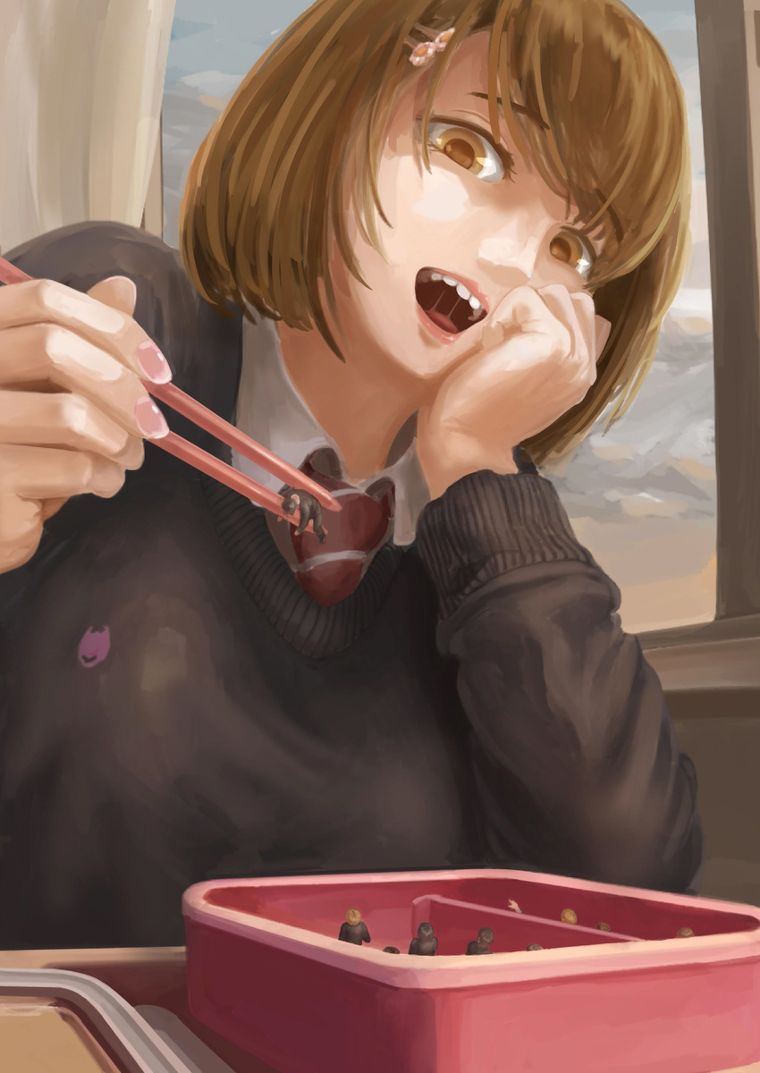 6+boys absurdres bangs bob_cut brown_eyes brown_hair chin_rest chopsticks hair_ornament hairclip highres in_container indoors long_sleeves looking_at_another lunchbox miniboy minigirl multiple_boys nail_polish necktie obentou open_mouth original pink_nails saliva school_uniform short_hair size_difference striped striped_neckwear sweater swept_bangs teeth uru_(uru0000) vore window wing_collar