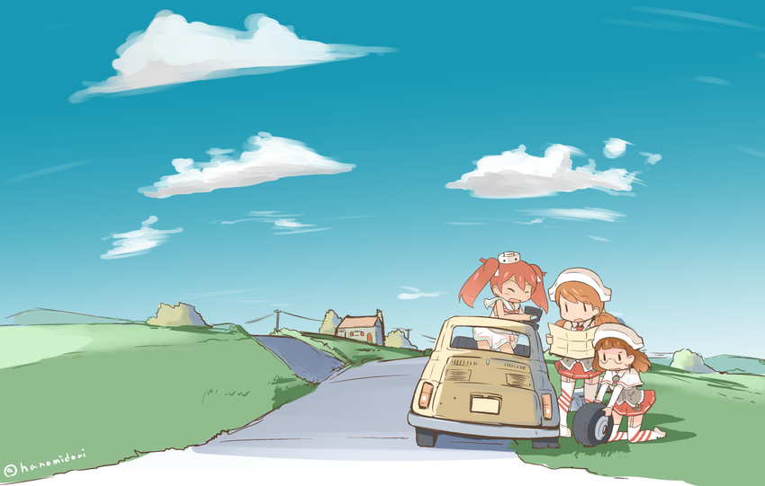 brown_hair car cloud commentary_request day fiat_500 flat_tire garter_straps glasses ground_vehicle hanomido italy kantai_collection landscape libeccio_(kantai_collection) littorio_(kantai_collection) motor_vehicle multiple_girls open_mouth power_lines roma_(kantai_collection) sky thighhighs twintails |_|