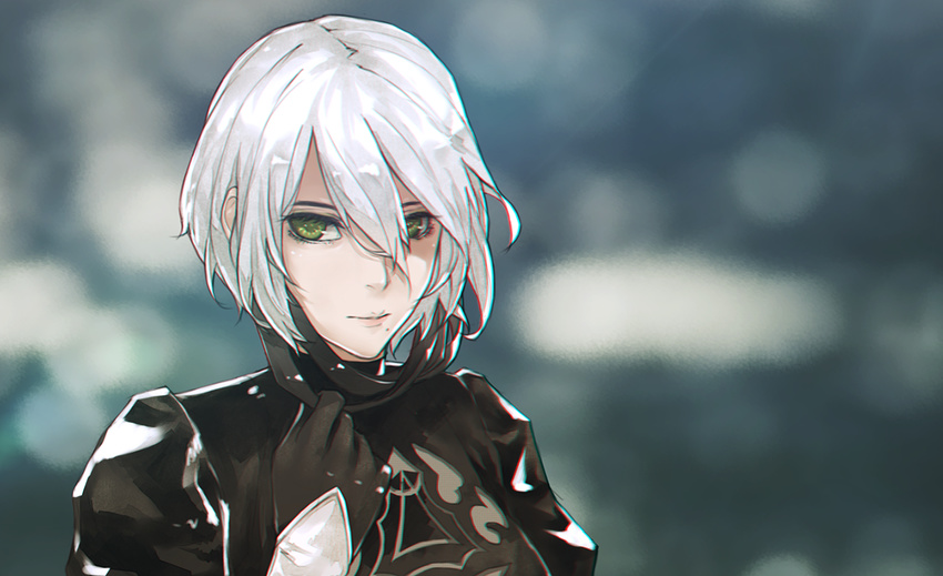 black_dress blindfold_removed chromatic_aberration dress gloves green_eyes hair_between_eyes hairband juliet_sleeves kelvin926 light_smile long_sleeves looking_at_viewer mole mole_under_mouth nier_(series) nier_automata no_blindfold outdoors puffy_sleeves short_hair solo turtleneck upper_body white_hair yorha_no._2_type_b