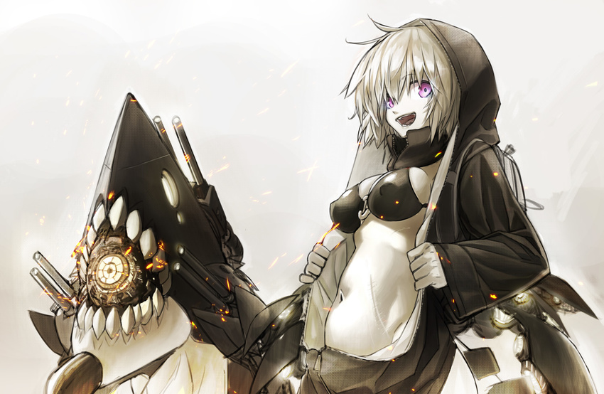 backpack bag breasts cleavage embers glowing glowing_eyes grey_background hood hoodie kantai_collection kirii looking_at_viewer medium_breasts navel o-ring o-ring_top open_mouth pale_skin purple_eyes re-class_battleship scar scarf shinkaisei-kan short_hair silver_hair smoke solo tail upper_body