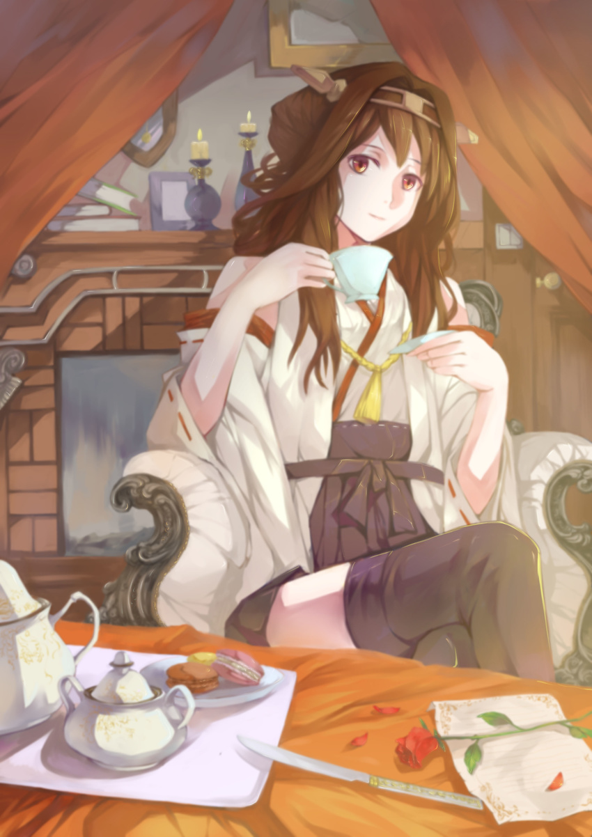 absurdres biscuit book boots brown_eyes brown_hair candlestand chair crossed_legs cup curtains detached_sleeves fireplace flower food highres kantai_collection kettle knife kongou_(kantai_collection) long_hair looking_at_viewer nontraditional_miko photo_(object) rose sitting solo table teacup thigh_boots thighhighs xinuo223