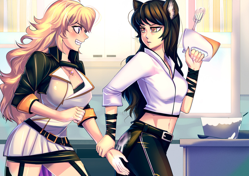 animal_ears annoyed ass bakki bangs belt black_hair black_jacket blake_belladonna blonde_hair blush breasts brown_eyes buckle cabinet cleavage commentary counter cropped_jacket dress english_commentary eye_contact female_pervert garter_straps grin hand_print hand_up holding indoors jacket jewelry kitchen large_breasts long_hair looking_at_another looking_back medium_breasts midriff mixer_(cooking) mixing_bowl multiple_girls navel necklace pants pendant pervert profile purple_eyes ribbon rwby shirt short_dress smile thighhighs white_dress white_shirt wing_collar wrist_grab wrist_ribbon yang_xiao_long yuri