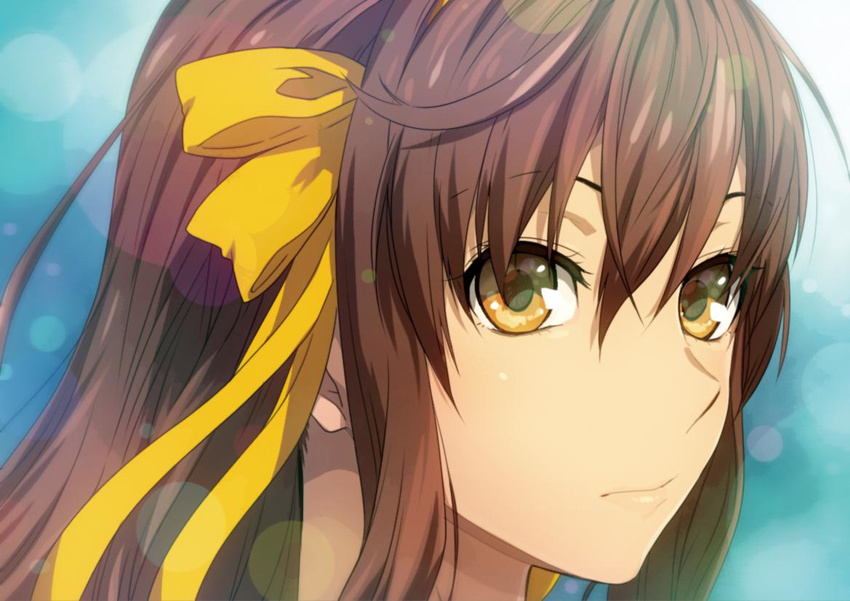 bangs brown_eyes brown_hair expressionless face lens_flare long_hair puyo solo suzumiya_haruhi suzumiya_haruhi_no_shoushitsu suzumiya_haruhi_no_yuuutsu