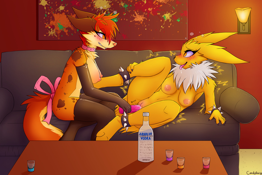 2015 akira_(candyfoxy) alcohol anthro beverage blush bottle breasts brown_fur candyfoxy canine claws clothing collar dripping drunk duo eeveelution female female/female food fur hair inside jolteon legwear lily_(theycalmehavoc) living_room lying mammal nintendo nipples nude on_side open_mouth orange_hair penetration pointy_ears pok&eacute;mon pussy pussy_juice ribbons rubber saliva sex_toy shot_glass side_view sitting smile sofa spiked_bracelets spikes table tail_bow teeth thigh_highs tongue tongue_out vaginal vaginal_penetration vibrator video_games vodka white_fur wolf yellow_eyes yellow_fur