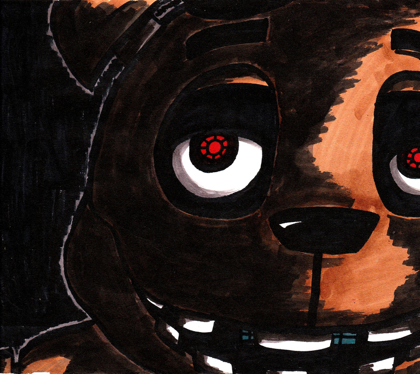 animatronic bear creepy dark_background five_nights_at_freddy's freddy_fazbear johndarwinencarnado looking_at_viewer machine mammal red_pupil robot shadow video_games