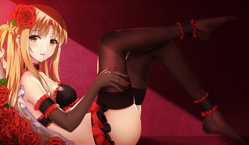 ankle_cuffs asuna_(sao) bare_shoulders black_bra black_gloves black_legwear blonde_hair bra braid choker elbow_gloves feet fingernails flower frills from_side gloves hair_flower hair_ornament highres legs_up long_hair looking_at_viewer lying nail_polish no_shoes on_back pillow purple_background reclining red_flower red_nails red_rose rko_(a470350510) rose shade smile solo sword_art_online thighhighs underwear yellow_eyes