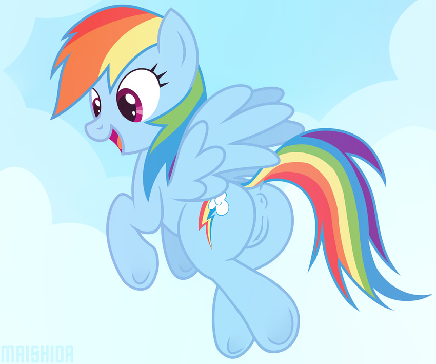 anus blue_feathers butt cutie_mark equine feathers female feral flying friendship_is_magic hair maishida mammal multicolored_hair my_little_pony open_mouth outside pegasus pussy rainbow_dash_(mlp) rainbow_hair sky smile solo tongue wings