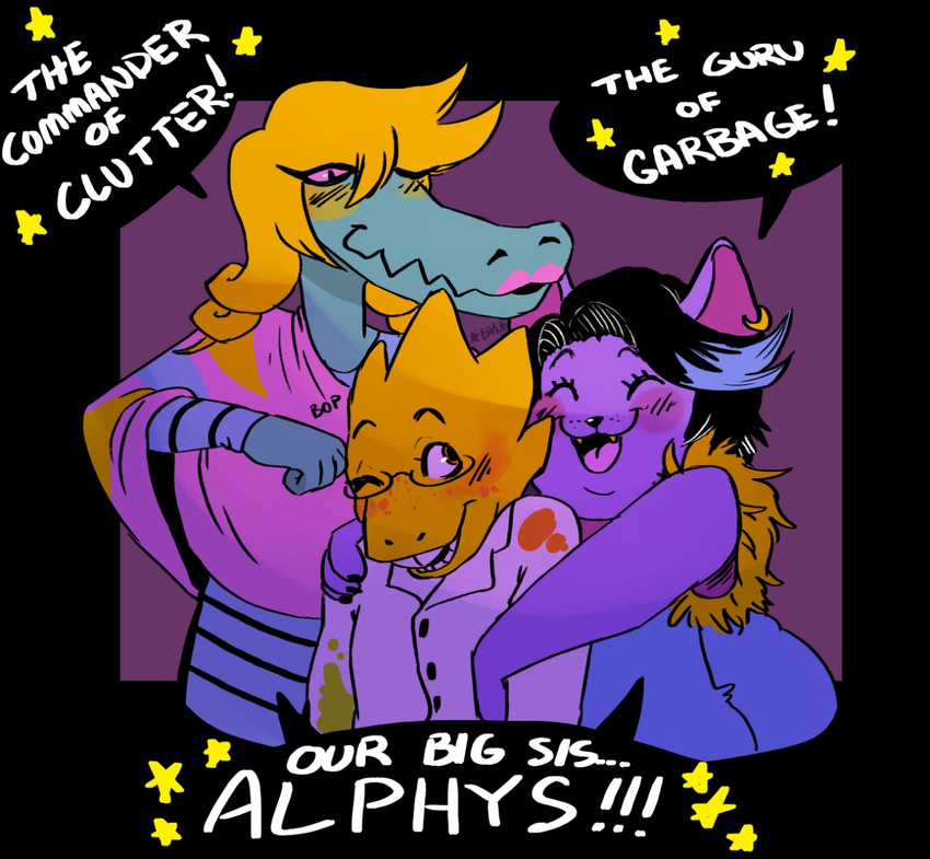 2015 alphys anthro blush bratty_(undertale) catty_(undertale) chubby clothing eddiesshitshow english_text fangs feline female mammal overweight piercing simple_background smile teeth text undertale video_games