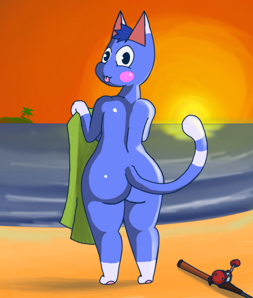 animal_crossing anthro beach blue_fur blush cat feline female fishing_rod fur humanoid island mammal nintendo nude outside rosie_(animal_crossing) sand sea seaside solo standing sun sunset tongue towel video_games water