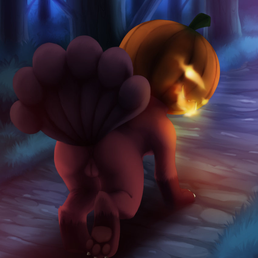 all_fours alternate_color anus butt canine claws darkmirage fan_character female feral food fruit fur glowing grass jack-o'-lantern looking_back mammal markings multi_tail night nintendo nude outside path pawpads pok&eacute;mon pok&eacute;mon_(species) pose presenting presenting_hindquarters pumpkin pussy red_fur red_pawpads socks_(marking) solo tasha_(darkeeveeon) tree video_games vulpix