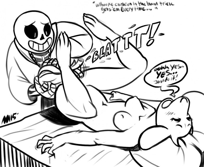 2015 annie-mae anthro bed black_sclera blush bone breasts caprine clothed clothing dialogue duo english_text eyes_closed female fur goat horn interspecies jacket lying male mammal monochrome monster navel nipples nude on_back open_mouth pillow raised_leg sans skeleton smile speech_bubble text toriel undertale video_games whoopee_cushion