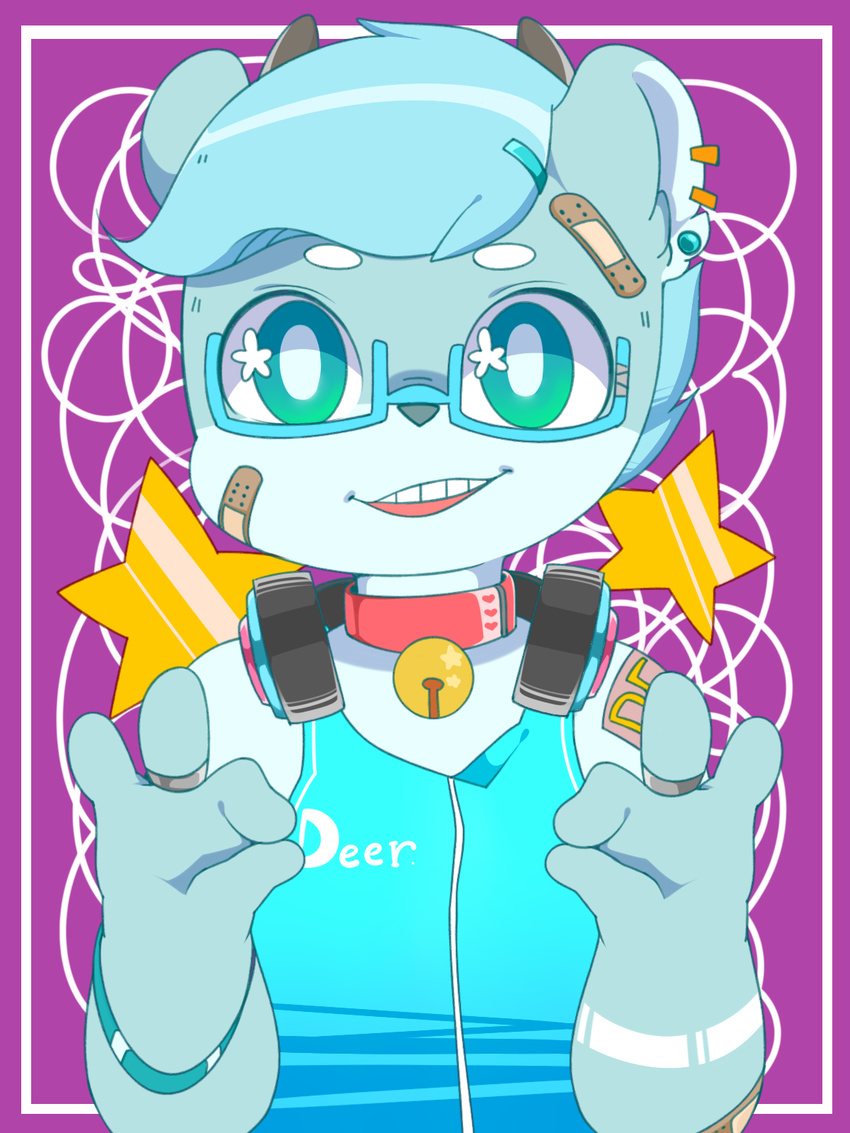 4_fingers ambiguous_gender anthro band-aid bandage bell bell_collar berseepon09 cervine clothed clothing collar deer eyewear glasses headphones looking_at_viewer mammal piercing ring shota_deer_(character) smile solo star teeth