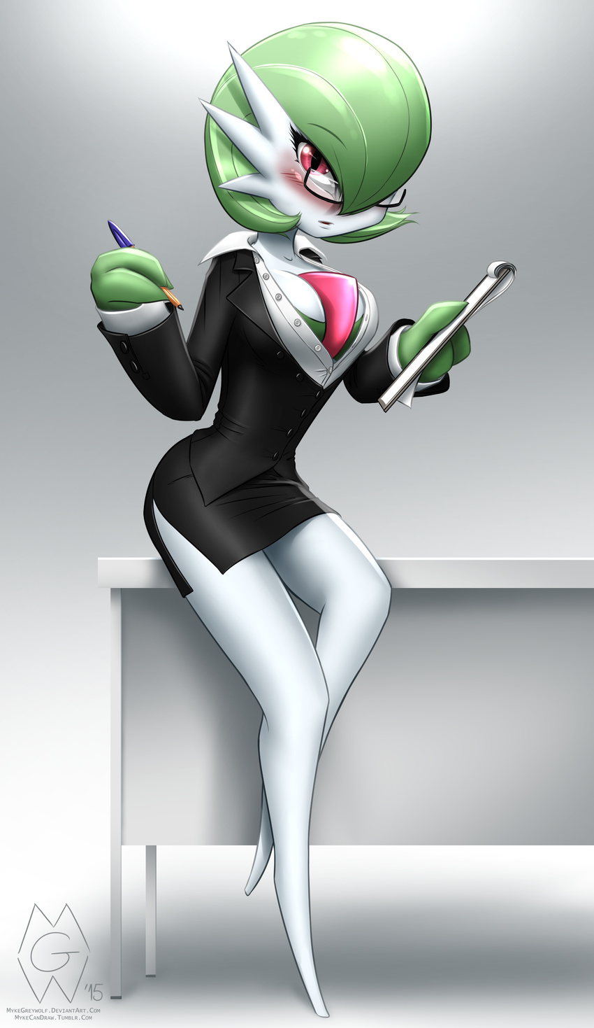 1girl 2015 absurd_res anthro blush breasts buttons cleavage clipboard clothed clothing desk eyelashes eyewear female gardevoir glasses green_hair hair hi_res highres humanoid looking_at_viewer mykegreywolf nintendo note pale_skin pen pencil perfect_legs pok&eacute;mon pokemon pokemon_(game) red_eyes secretary sitting skirt solo suit unbuttoned video_games white_skin