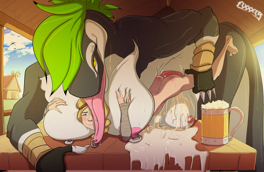 alcohol anthro astrid_(httyd) astrid_hofferson balls bent_over beverage big_breasts blonde_hair blush breast_grab breast_squish breasts butt cum cum_in_pussy cum_inside dickgirl dragon dreamworks duo female fixxxer food from_behind green_hair hair how_to_train_your_dragon human intersex intersex/female mammal messy nipple_piercing nipples nude penetration piercing scalie sex size_difference spread_legs spreading tongue tongue_out tongue_piercing vaginal vaginal_penetration