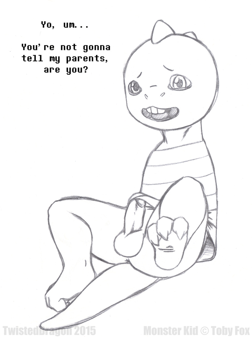 anus balls barefoot bottomless clothed clothing dialogue english_text erection erection_under_clothes front_view half-dressed humanoid_penis looking_at_viewer male monster monster_kid open_mouth pencil_(artwork) penis scalie signature sitting solo talking_to_viewer text toe_curl traditional_media_(artwork) twisteddragon undertale video_games