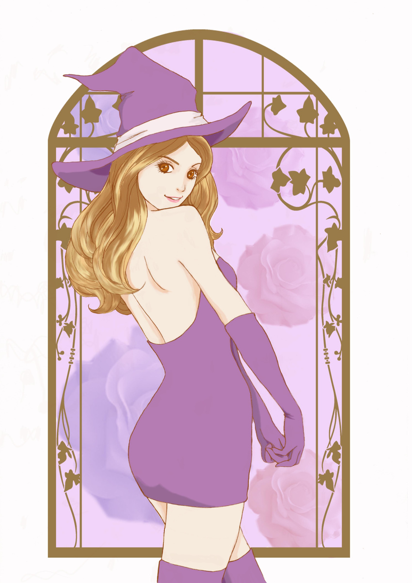 absurdres arched_back art_nouveau bare_shoulders blonde_hair blue_flower blue_rose brown_eyes crossed_legs deneb_rove dress elbow_gloves flower from_side gloves hands_together hat highres long_hair looking_at_viewer love_minnie_mouse microdress over_shoulder parted_lips plant purple_dress purple_gloves purple_hat purple_legwear rose smile solo standing strapless strapless_dress tactics_ogre thighhighs vines white_background window witch witch_hat zettai_ryouiki