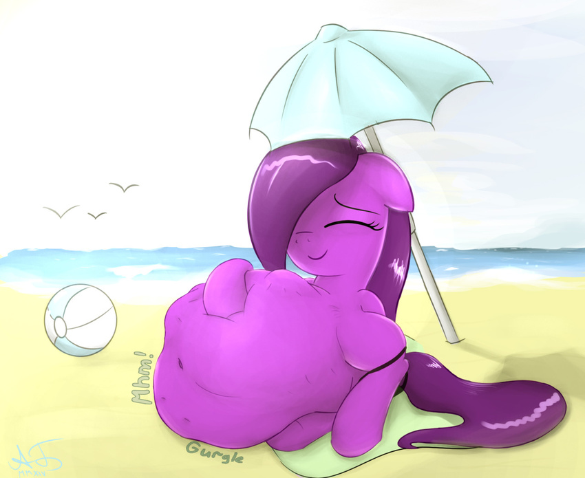 augustbebel beach belly big_belly chubby cloud earth_pony equine fan_character female hair horse mammal my_little_pony outside overweight pony purple_hair sea seaside sky smile solo tongue vore water