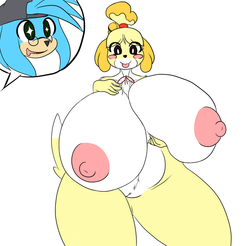 2015 animal_crossing anthro areola big_areola big_breasts big_nipples blue_fur breasts brown_eyes canine echidna edit fan_character female fur green_eyes huge_breasts hyper hyper_breasts isabelle_(animal_crossing) little-gray-bunny male mammal monotreme multicolored_fur nintendo nipples simple_background skullman777 smile tan_fur tongue tongue_out two_tone_fur video_games white_background white_fur
