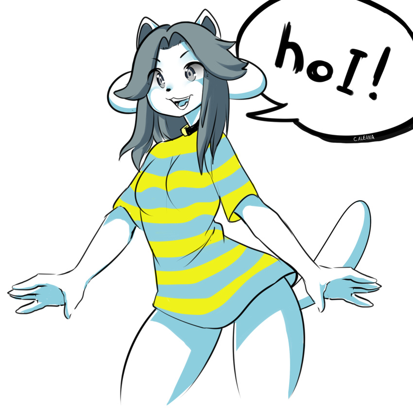 animal_humanoid anthro black_hair bottomless caleana canine cat_humanoid clothed clothing collar dog dog_humanoid feline female fur grey_eyes grey_hair hair half-dressed humanoid mammal shirt smile solo stripes temmie temmie_(undertale) text undertale video_games white_fur