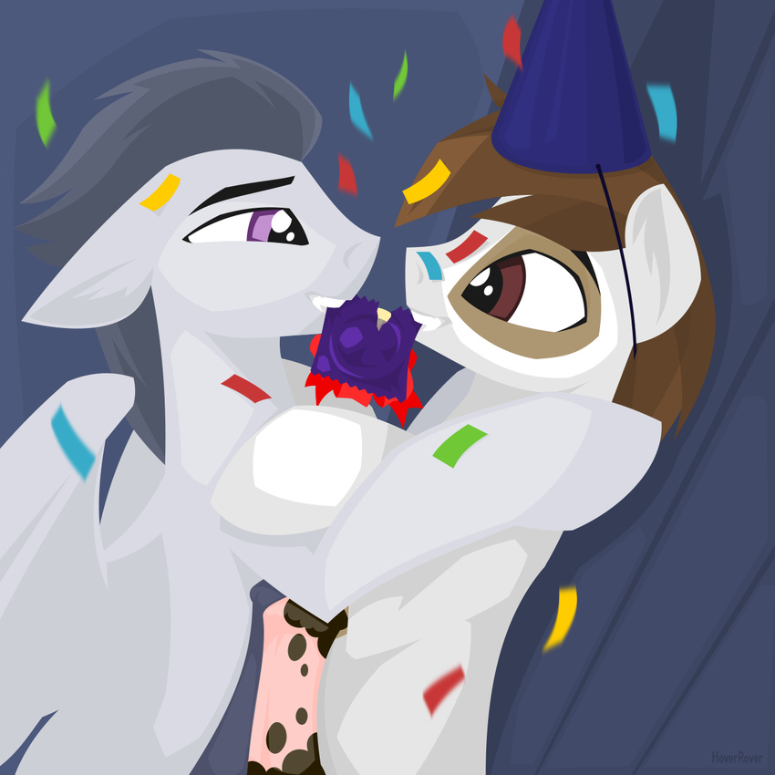 animal_genitalia birthday_hat condom condom_in_mouth confetti couple duo earth_pony equine erection eye_contact friendship_is_magic frottage horse horsecock hoverrover male male/male mammal mottled_penis my_little_pony pegasus penis pipsqueak_(mlp) pony rumble_(mlp) sex smile wings