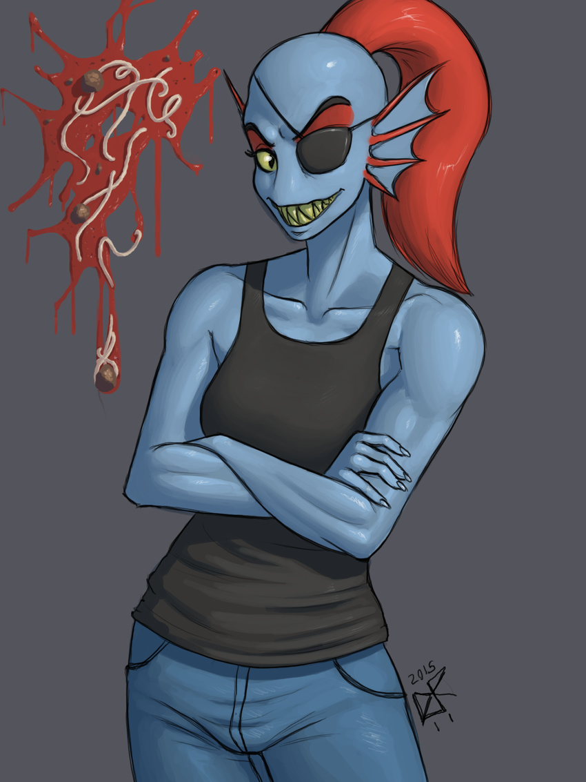 2015 anthro blue_skin clothed clothing eye_patch eyewear female fin fish food hair head_fin ldr marine monster pants pasta red_hair sharp_teeth shirt smile solo spaghetti teeth three-quarter_portrait undertale undyne video_games