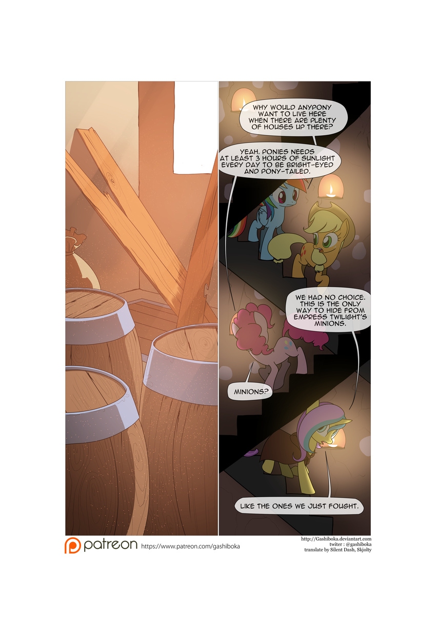 2015 applejack_(mlp) barrel candle comic cowboy_hat cutie_mark earth_pony equine feathers female feral friendship_is_magic gashiboka gold_lily_(mlp) hair hat hood horn horse mammal mane my_little_pony pegasus pinkie_pie_(mlp) plank pony rainbow_dash_(mlp) staircase stairs trap_door underground unicorn wings