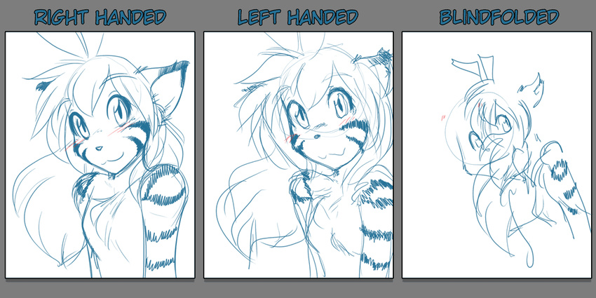 ahoge anthro blush breasts challenge challenge_accepted chest_tuft cute fail feline female flora_(twokinds) fur hair happy keidran long_hair looking_at_viewer mammal simple_background sketch small_breasts smile solo stripes tiger tom_fischbach tuft twokinds white_background