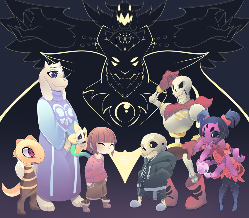 anthro arachnid arthropod asgore_dreemurr asriel_dreemurr beard beverage big_eyes black_sclera blue_eyes bone boots boss_monster brothers cape clothed clothing couple crown dress facial_hair family father female flora_fauna flowey_the_flower food footwear frisk fur group hindpaw hoodie horn human long_ears male mammal monster monster_kid mother muffet multi_limb multiple_arms papyrus_(undertale) parent paws pink_eyes plant reptile ribbons robes royalty rudragon sans_(undertale) scalie scarf shorts sibling skeleton smile son spider standing tea tea_cup toriel undertale video_games white_eyes white_fur yellow_eyes