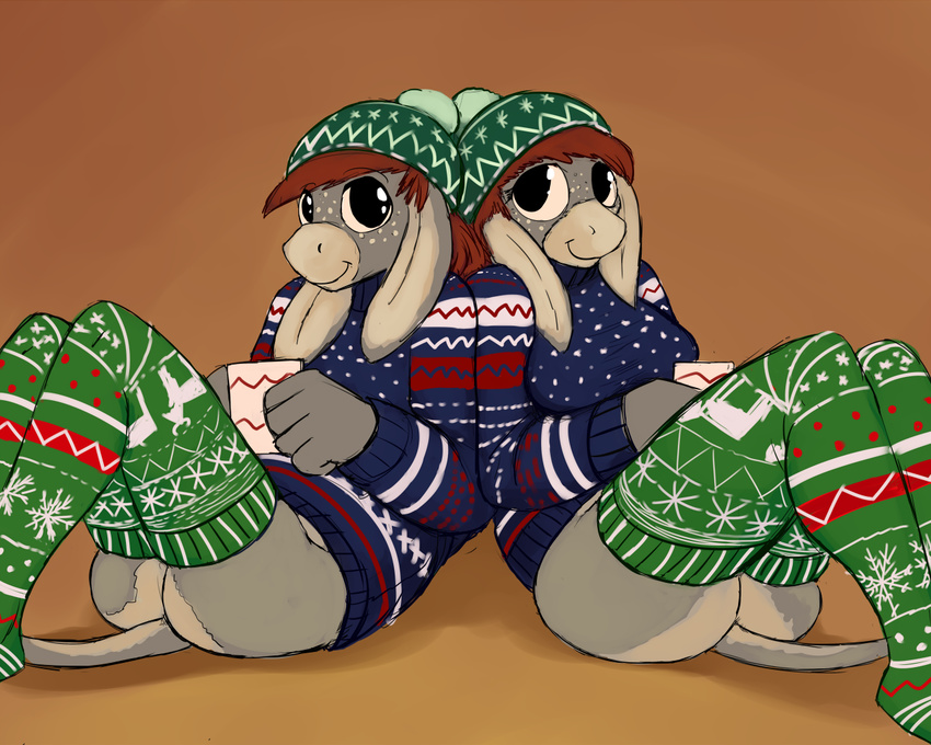 bottomless butt christmas clothed clothing cup cute donkey duo equine female gordonfreeguy half-dressed hat hladilnik holidays legwear looking_at_viewer male mammal smile stockings sweater