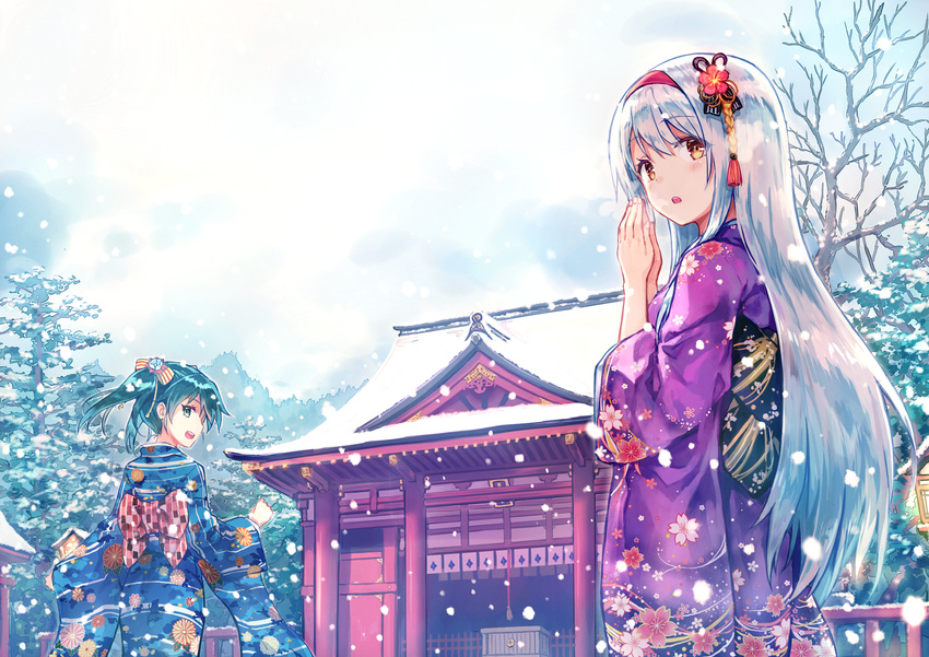 blush box brown_eyes brown_hair donation_box hairband highres hiten_(hitenkei) japanese_clothes kantai_collection kimono long_hair multiple_girls open_mouth shoukaku_(kantai_collection) shrine shrine_bell silver_hair snowing twintails yukata zuikaku_(kantai_collection)