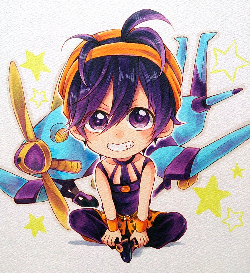 aerosmith_(stand) aircraft airplane bare_shoulders butterfly_sitting chibi full_body grin hairband highres jojo_no_kimyou_na_bouken kameron looking_at_viewer male_focus narancia_ghirga open_mouth pants purple_eyes purple_hair purple_pants shoes short_hair sitting smile stand_(jojo) star teeth traditional_media wristband